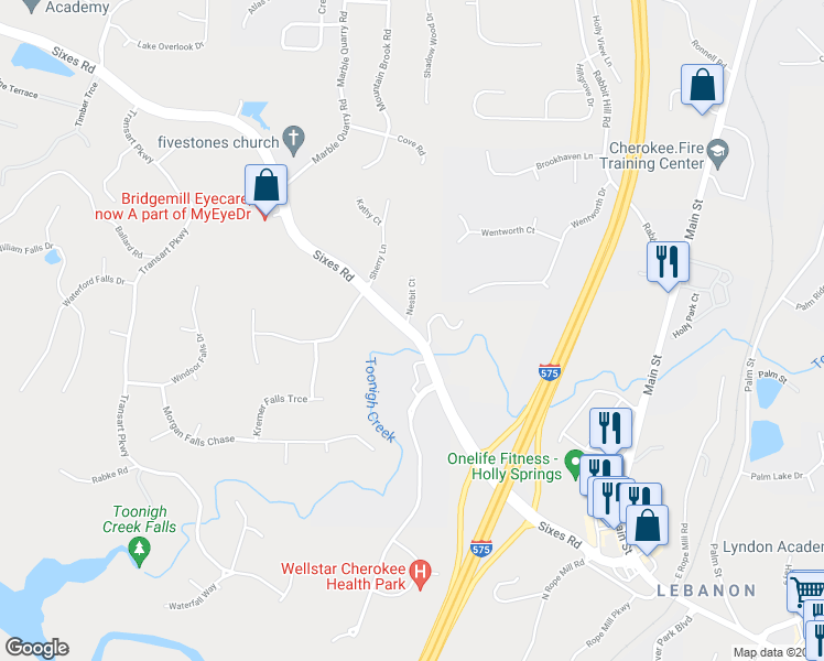 map of restaurants, bars, coffee shops, grocery stores, and more near Nesbit Ct in Holly Springs