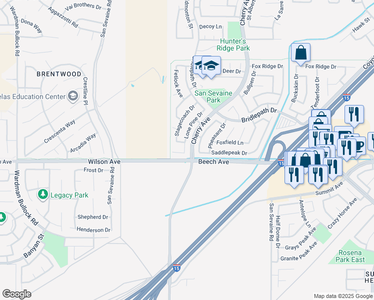 map of restaurants, bars, coffee shops, grocery stores, and more near 5655 Lone Pine Drive in Fontana