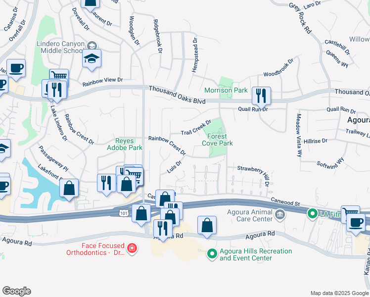 map of restaurants, bars, coffee shops, grocery stores, and more near 5506 Evita Court in Agoura Hills