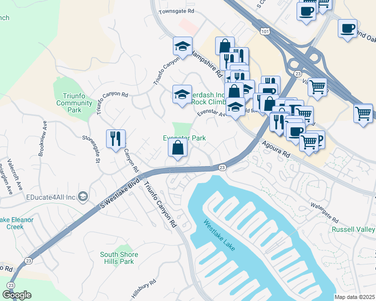 map of restaurants, bars, coffee shops, grocery stores, and more near 2321 Waterby Street in Thousand Oaks