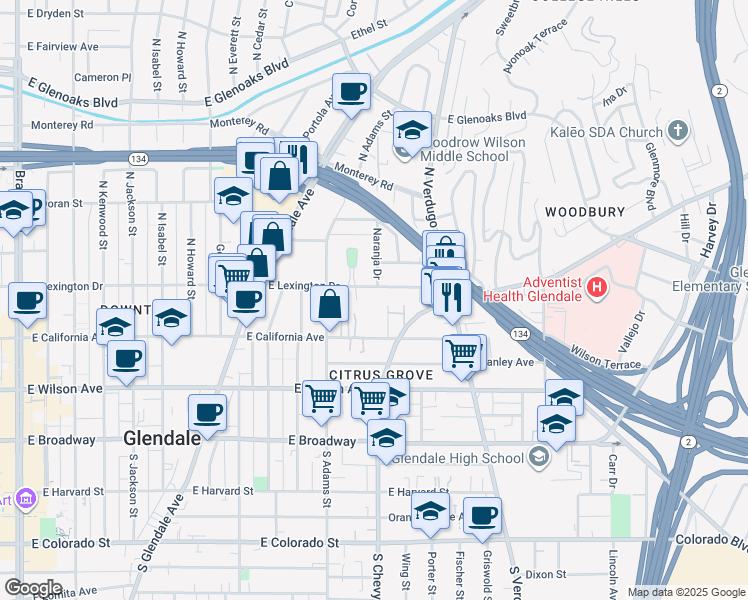 map of restaurants, bars, coffee shops, grocery stores, and more near 1146 East Lexington Drive in Glendale