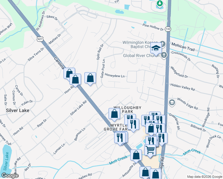 map of restaurants, bars, coffee shops, grocery stores, and more near 5114 Gate Post Lane in Wilmington