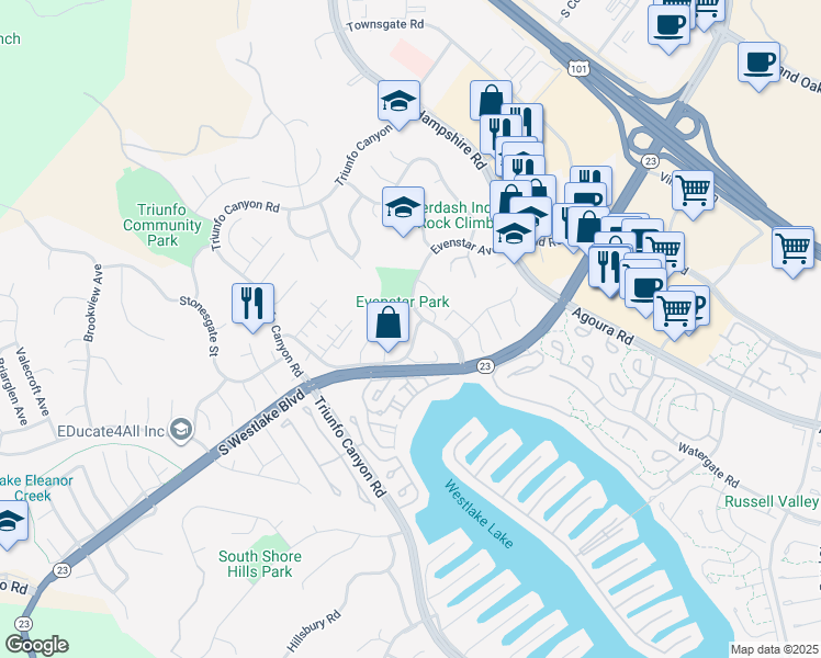 map of restaurants, bars, coffee shops, grocery stores, and more near 2321 Waterby Street in Thousand Oaks