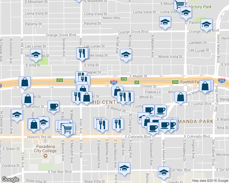 map of restaurants, bars, coffee shops, grocery stores, and more near 294 Linda Rosa Avenue in Pasadena