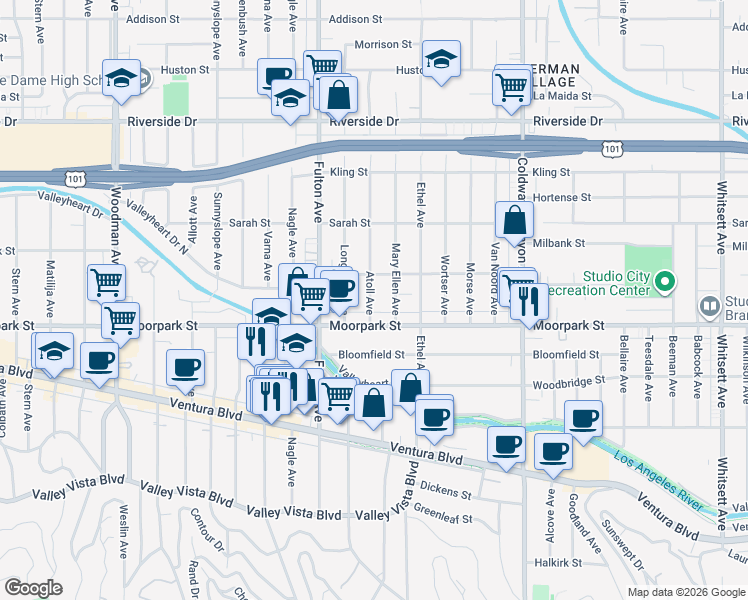 map of restaurants, bars, coffee shops, grocery stores, and more near 4430 Atoll Avenue in Los Angeles