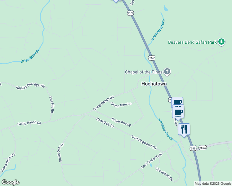 map of restaurants, bars, coffee shops, grocery stores, and more near 357 Hochamagnolia Trail in Broken Bow