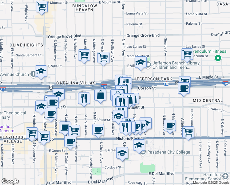 map of restaurants, bars, coffee shops, grocery stores, and more near 300 North Holliston Avenue in Pasadena