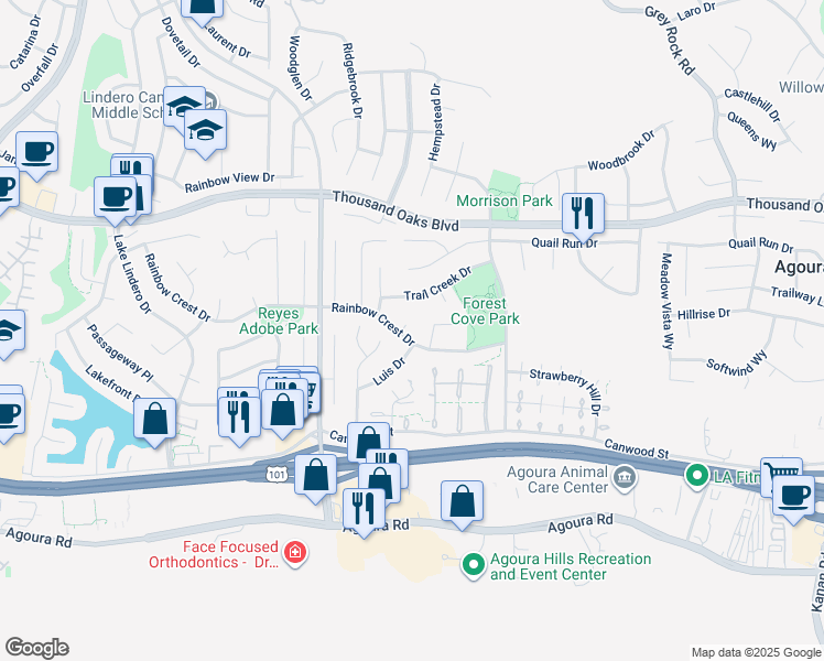 map of restaurants, bars, coffee shops, grocery stores, and more near 5506 Evita Court in Agoura Hills