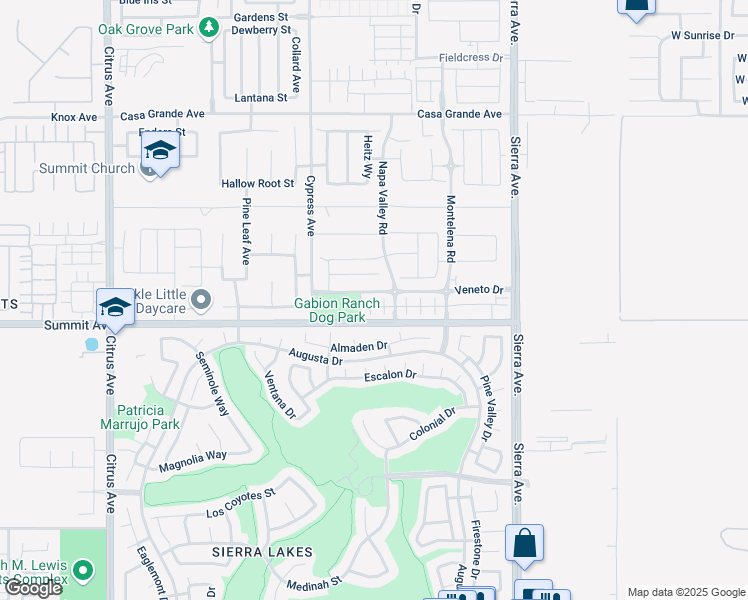 map of restaurants, bars, coffee shops, grocery stores, and more near 16540 Wyndham Lane in Fontana
