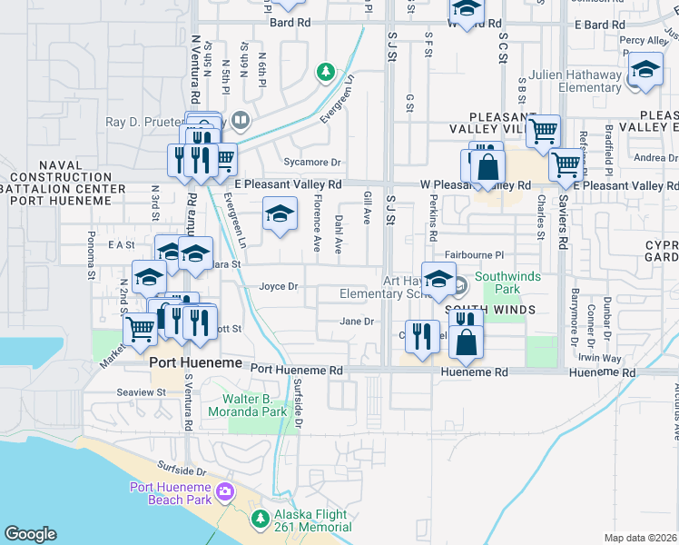 map of restaurants, bars, coffee shops, grocery stores, and more near 768 East Clara Street in Port Hueneme