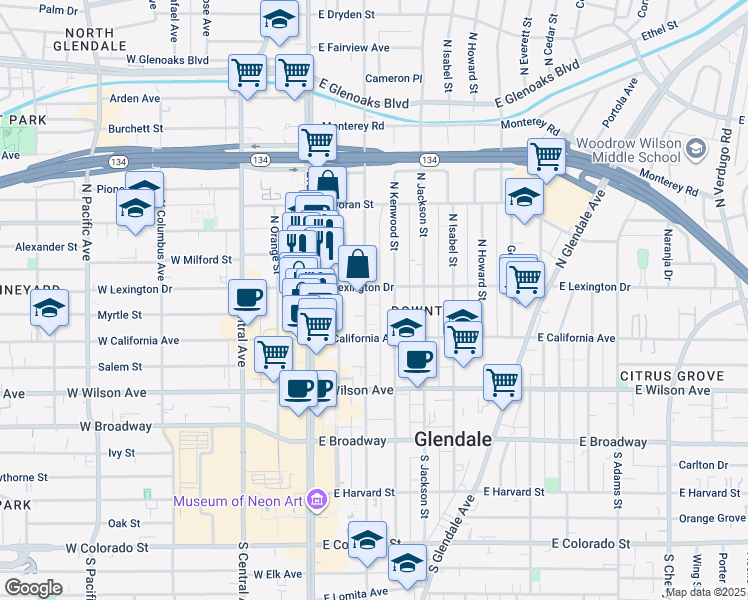 map of restaurants, bars, coffee shops, grocery stores, and more near in Glendale