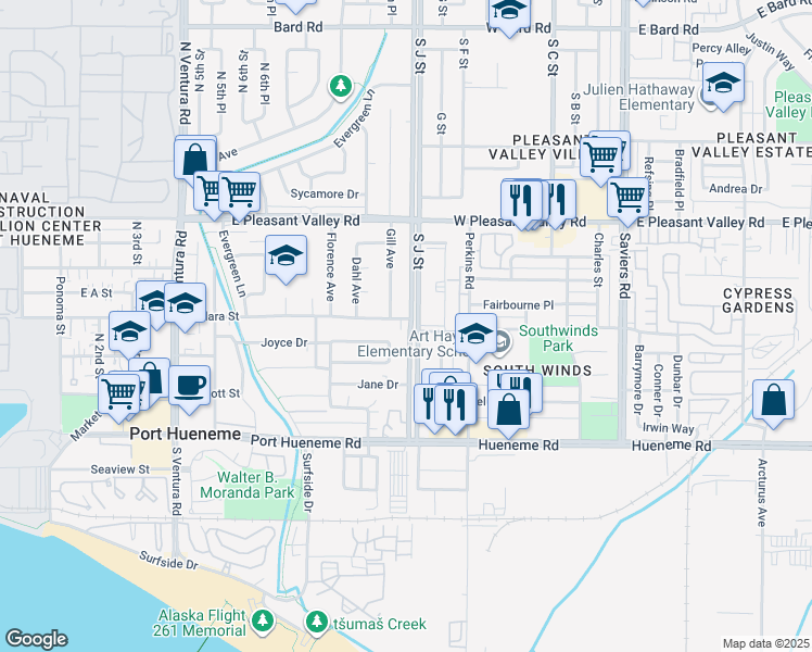map of restaurants, bars, coffee shops, grocery stores, and more near 419 Gill Avenue in Port Hueneme