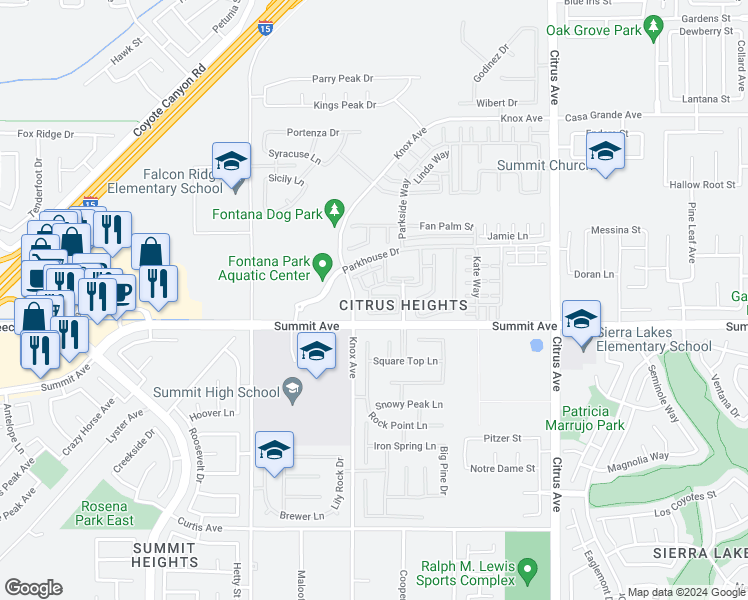 map of restaurants, bars, coffee shops, grocery stores, and more near 15723 Parkhouse Drive in Fontana