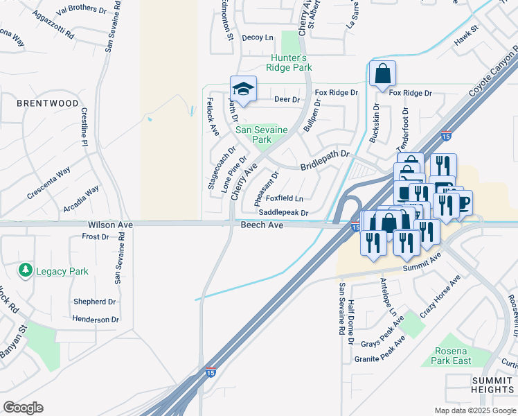 map of restaurants, bars, coffee shops, grocery stores, and more near 14680 Foxfield Lane in Fontana