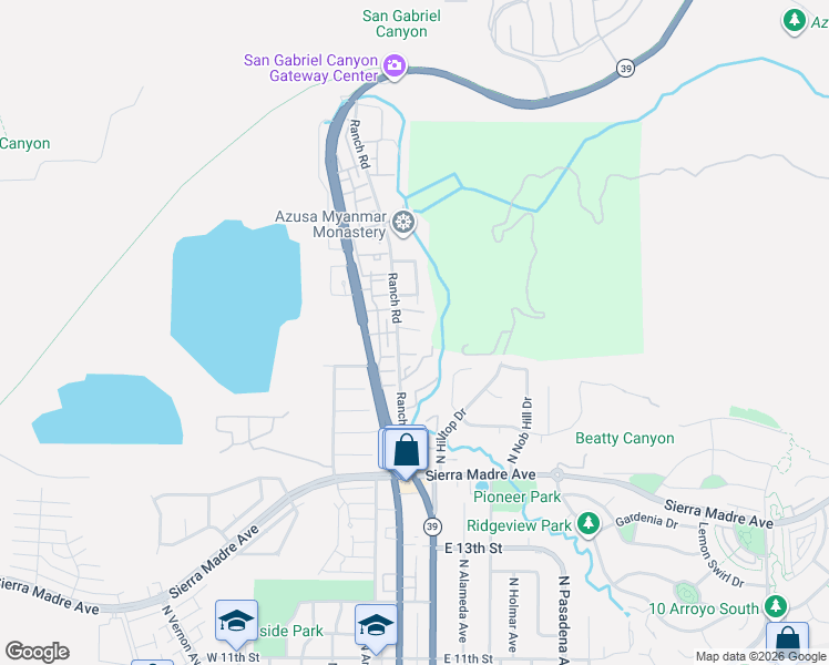 map of restaurants, bars, coffee shops, grocery stores, and more near 1730 Ridge View Drive in Azusa