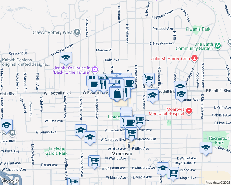map of restaurants, bars, coffee shops, grocery stores, and more near 113 North Primrose Avenue in Monrovia