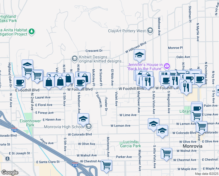 map of restaurants, bars, coffee shops, grocery stores, and more near 119 El Nido Avenue in Monrovia