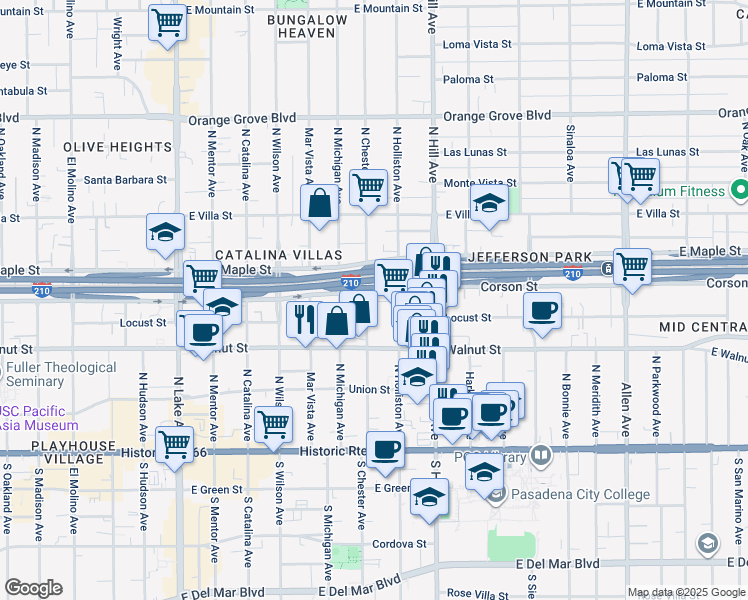 map of restaurants, bars, coffee shops, grocery stores, and more near 1288 Corson Street in Pasadena