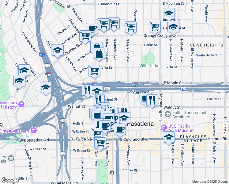 map of restaurants, bars, coffee shops, grocery stores, and more near 396 North Summit Avenue in Pasadena