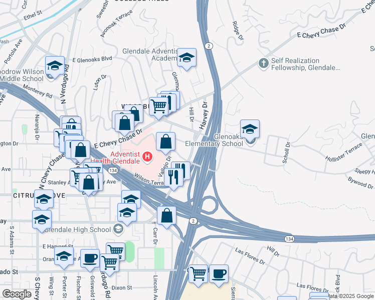 map of restaurants, bars, coffee shops, grocery stores, and more near 1809 Orchard Avenue in Glendale