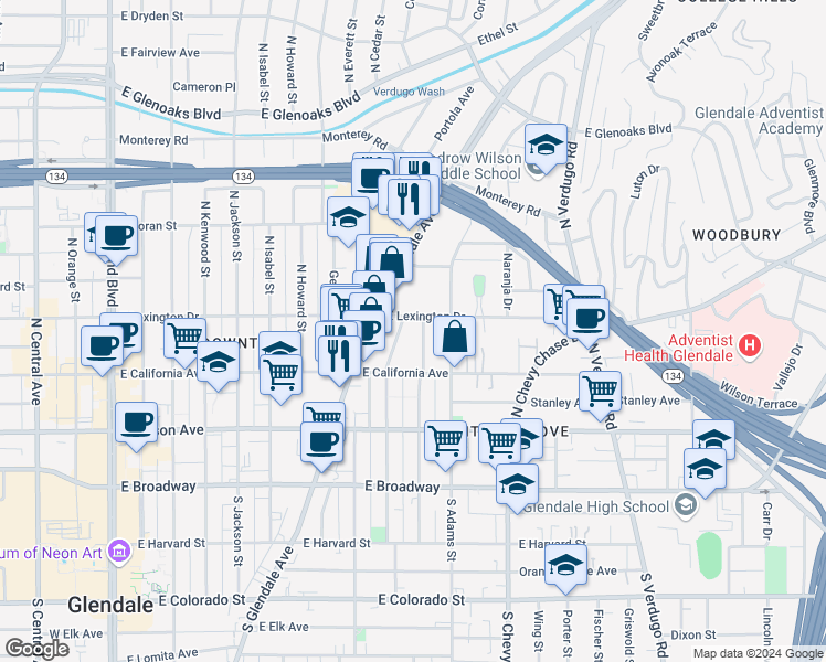 map of restaurants, bars, coffee shops, grocery stores, and more near 925 East Lexington Drive in Glendale