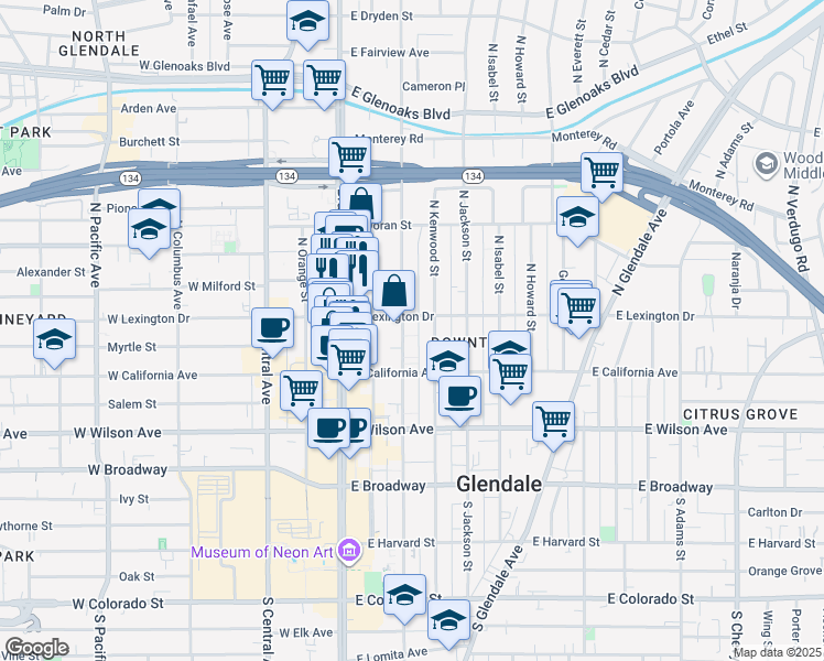 map of restaurants, bars, coffee shops, grocery stores, and more near in Glendale