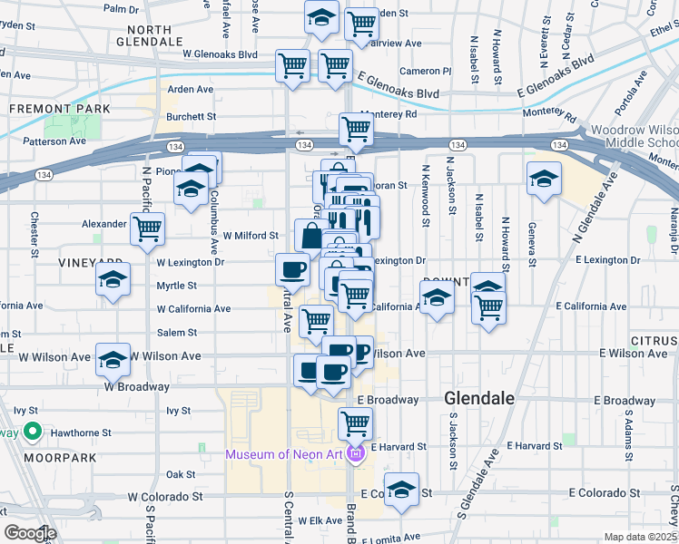 map of restaurants, bars, coffee shops, grocery stores, and more near 400 North Brand Boulevard in Glendale