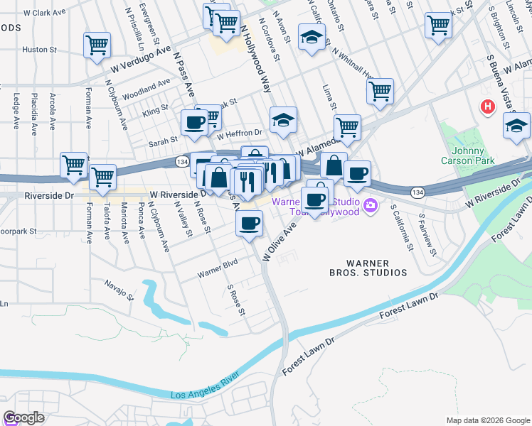 map of restaurants, bars, coffee shops, grocery stores, and more near 3915 Riverside Drive in Burbank