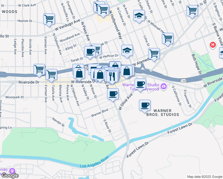 map of restaurants, bars, coffee shops, grocery stores, and more near 4005 West Riverside Drive in Burbank