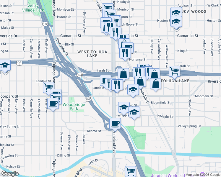 map of restaurants, bars, coffee shops, grocery stores, and more near 4460 Ensign Avenue in Los Angeles