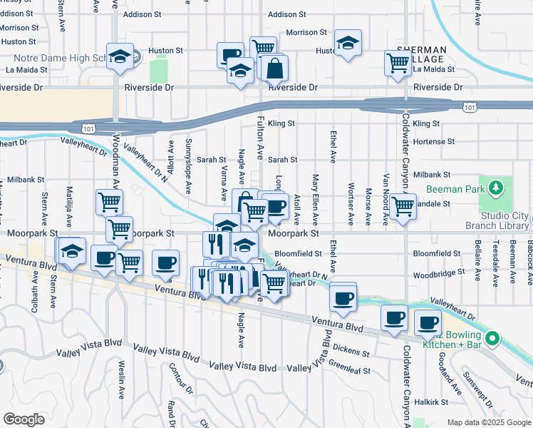 map of restaurants, bars, coffee shops, grocery stores, and more near 4450 Fulton Avenue in Los Angeles