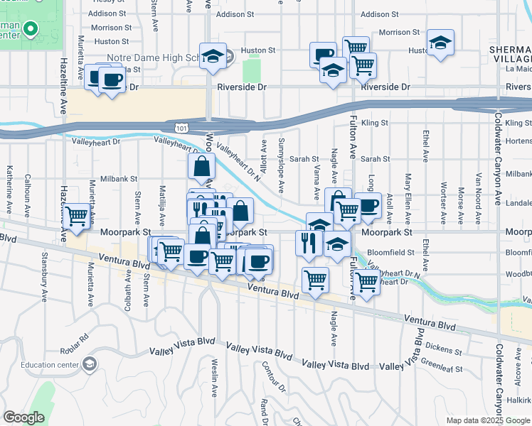map of restaurants, bars, coffee shops, grocery stores, and more near 13520 Valleyheart Drive in Los Angeles