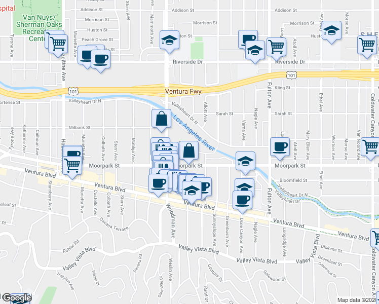 map of restaurants, bars, coffee shops, grocery stores, and more near 4469 Ventura Canyon Avenue in Los Angeles