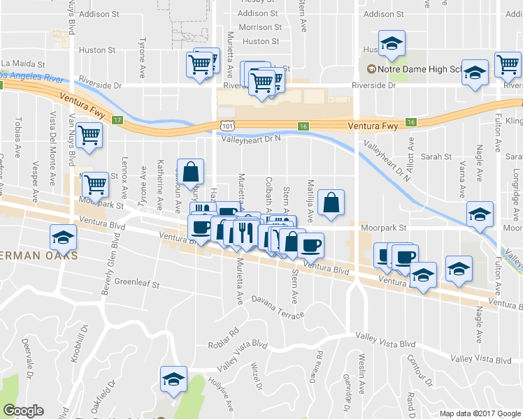 map of restaurants, bars, coffee shops, grocery stores, and more near 4455 Colbath Avenue in Los Angeles
