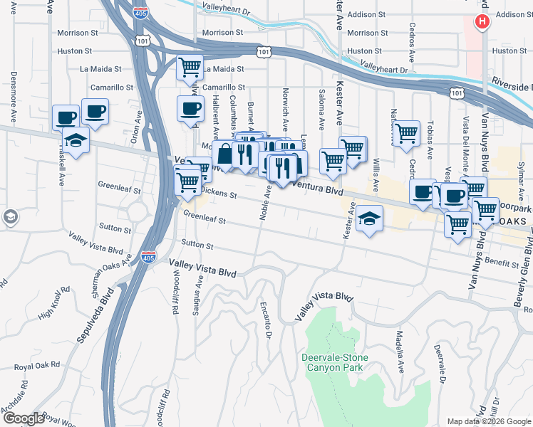 map of restaurants, bars, coffee shops, grocery stores, and more near 15112 Dickens Street in Los Angeles