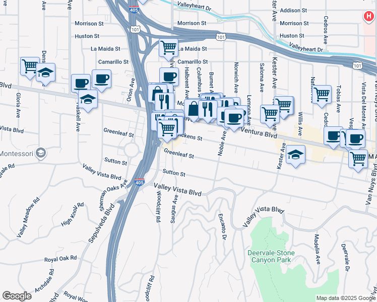 map of restaurants, bars, coffee shops, grocery stores, and more near 15248 Dickens Street in Los Angeles