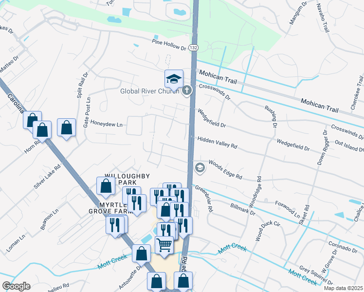 map of restaurants, bars, coffee shops, grocery stores, and more near 4668 Still Meadow Drive in Wilmington