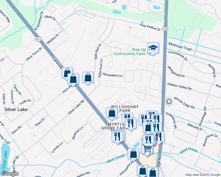 map of restaurants, bars, coffee shops, grocery stores, and more near 5116 Gate Post Lane in Wilmington