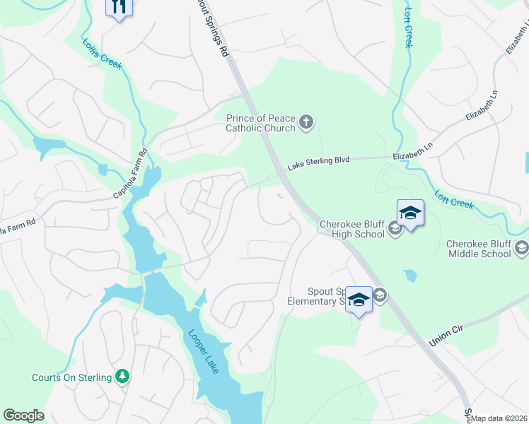 map of restaurants, bars, coffee shops, grocery stores, and more near 6729 Blue Heron Way in Flowery Branch