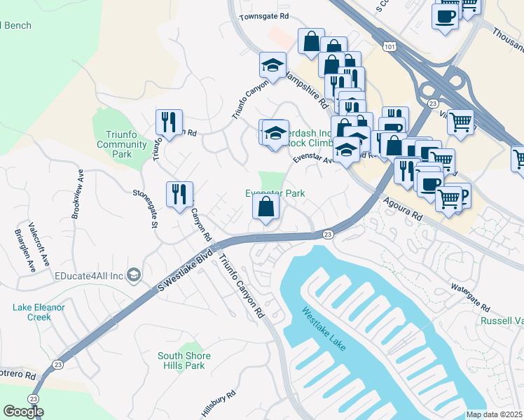 map of restaurants, bars, coffee shops, grocery stores, and more near 1052 Finrod Court in Westlake Village