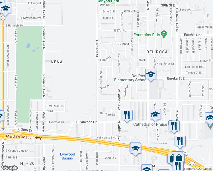 map of restaurants, bars, coffee shops, grocery stores, and more near 1140 East 33rd Street in San Bernardino