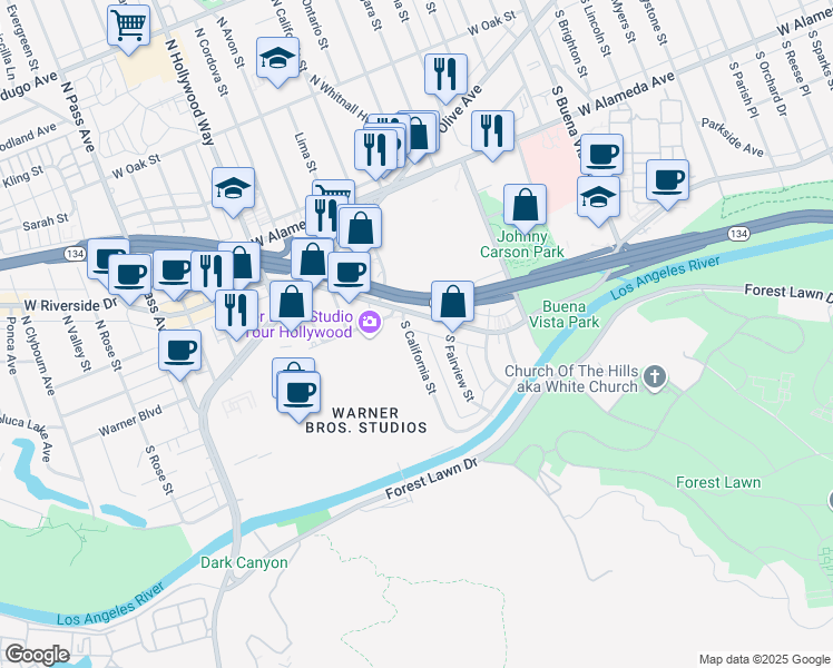 map of restaurants, bars, coffee shops, grocery stores, and more near 320 South California Street in Burbank