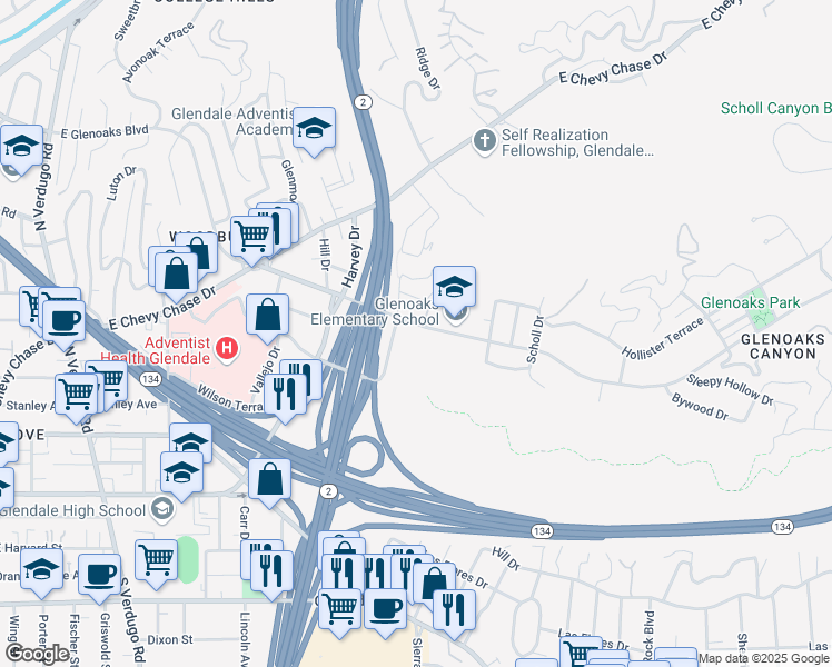 map of restaurants, bars, coffee shops, grocery stores, and more near 1992 East Glenoaks Boulevard in Glendale