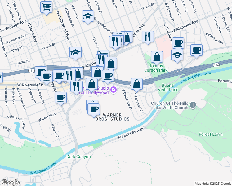 map of restaurants, bars, coffee shops, grocery stores, and more near 3400 Riverside Drive in Burbank