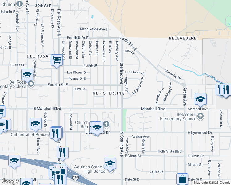 map of restaurants, bars, coffee shops, grocery stores, and more near 5646 Newbury Avenue in San Bernardino