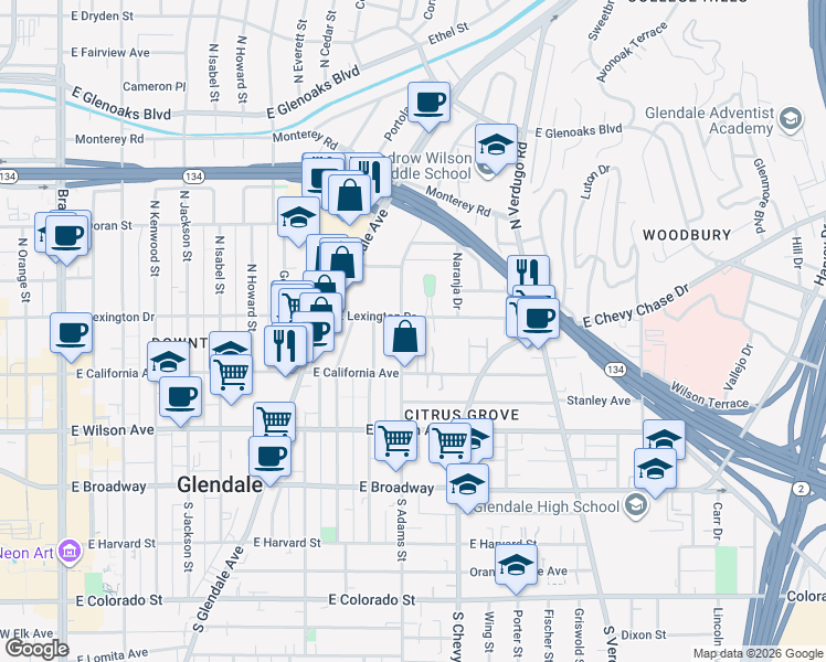 map of restaurants, bars, coffee shops, grocery stores, and more near 1021 East Lexington Drive in Glendale