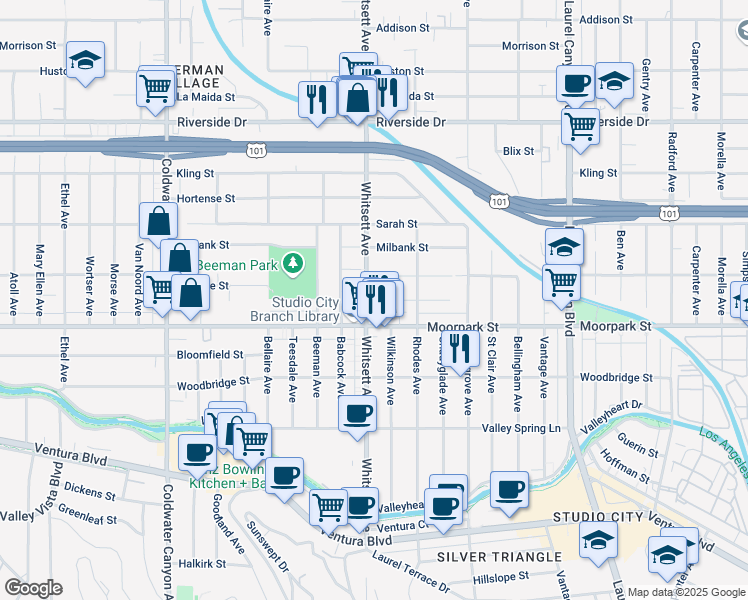 map of restaurants, bars, coffee shops, grocery stores, and more near 4424 Whitsett Avenue in Los Angeles