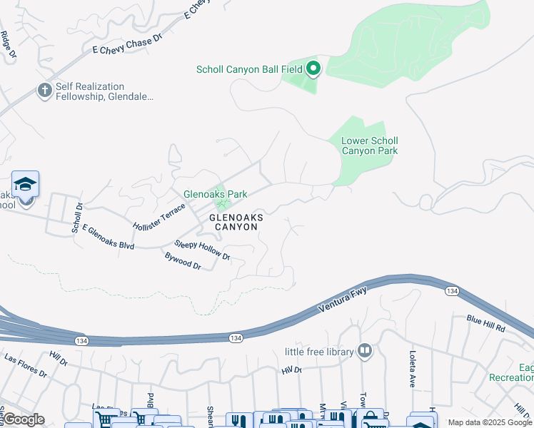 map of restaurants, bars, coffee shops, grocery stores, and more near Corlington Road in Glendale