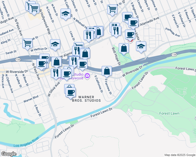 map of restaurants, bars, coffee shops, grocery stores, and more near 320 South California Street in Burbank