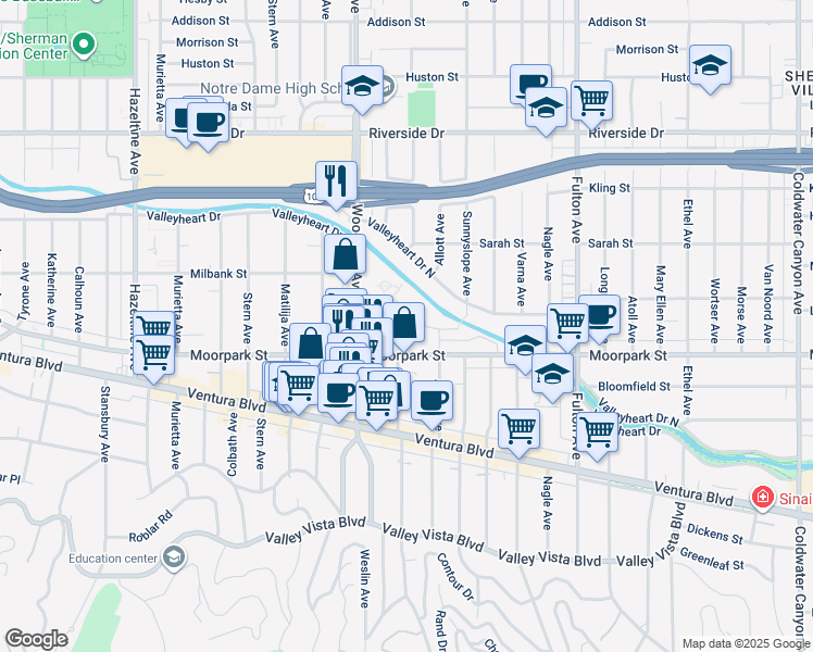 map of restaurants, bars, coffee shops, grocery stores, and more near 4436 Ventura Canyon Avenue in Los Angeles